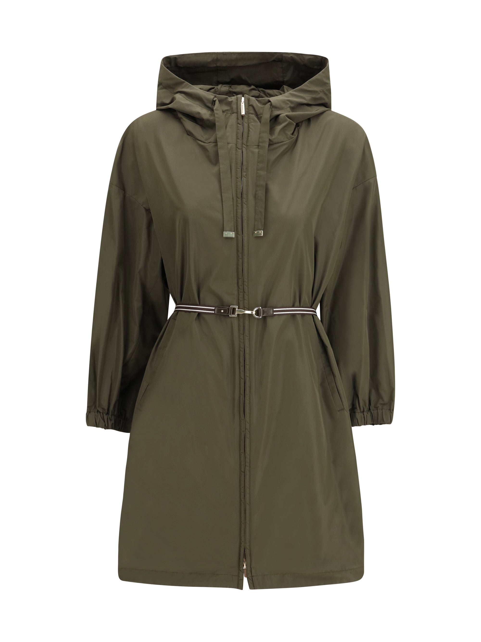 belted hooded raincoat