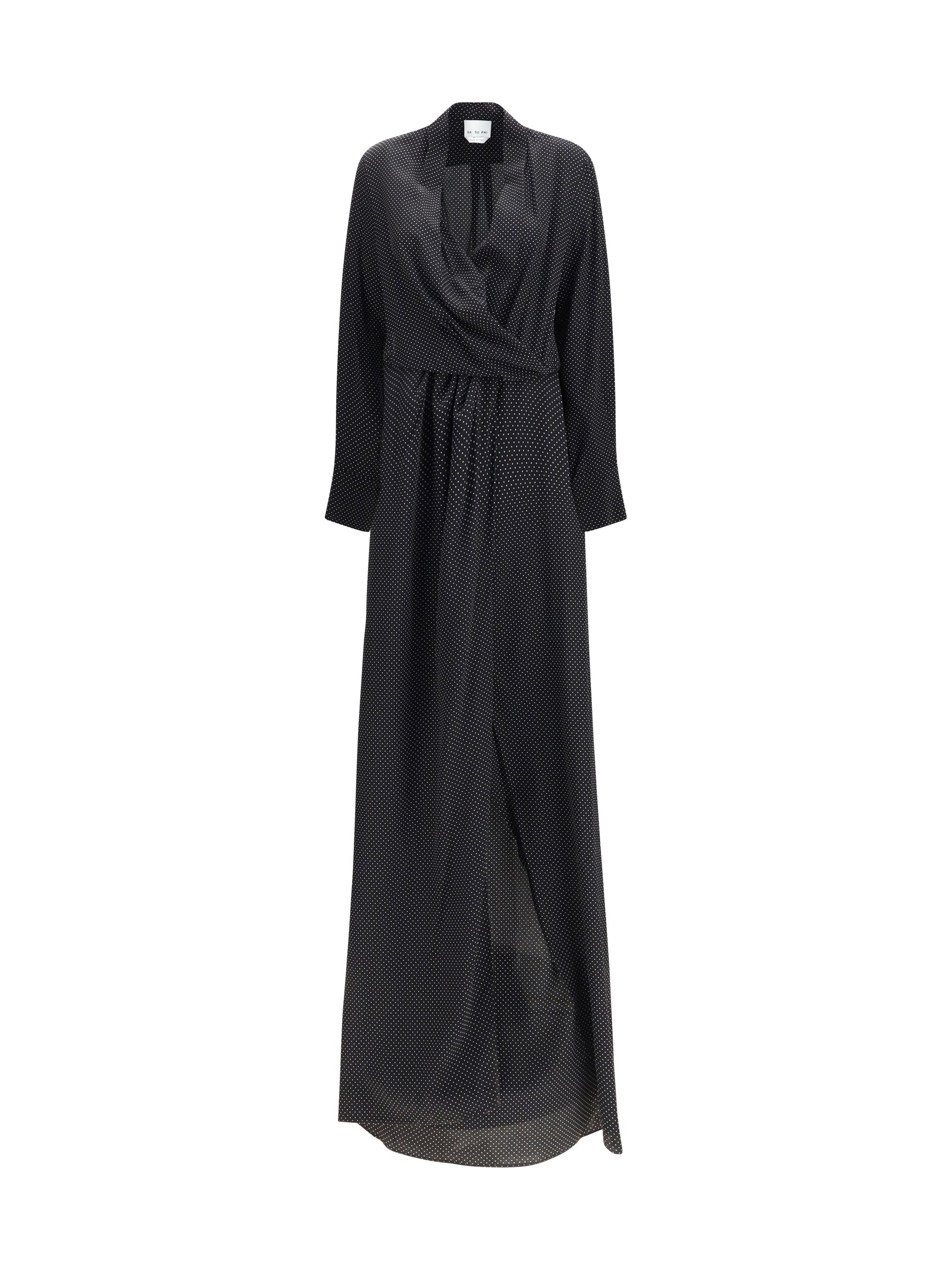 criss cross polka-dot silk crepe de chine long dress