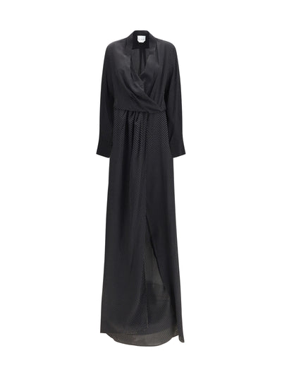 criss cross polka-dot silk crepe de chine long dress