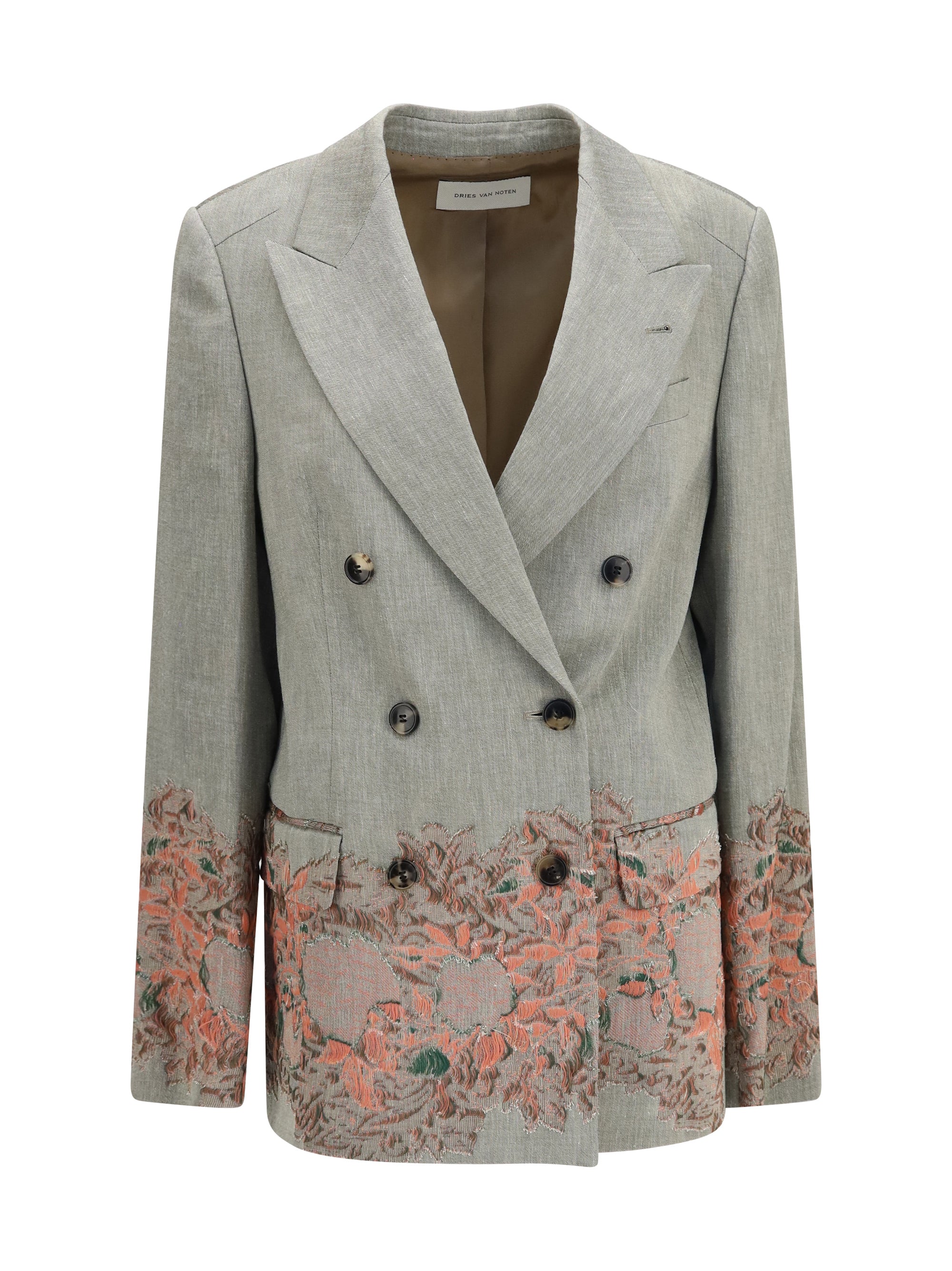 double-breasted linen and cotton-blend blazer with embroidery