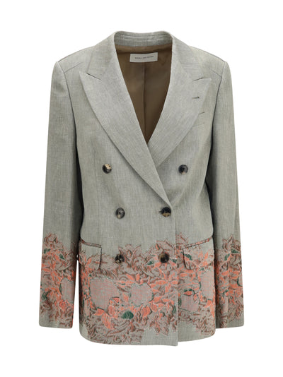 double-breasted linen and cotton-blend blazer with embroidery