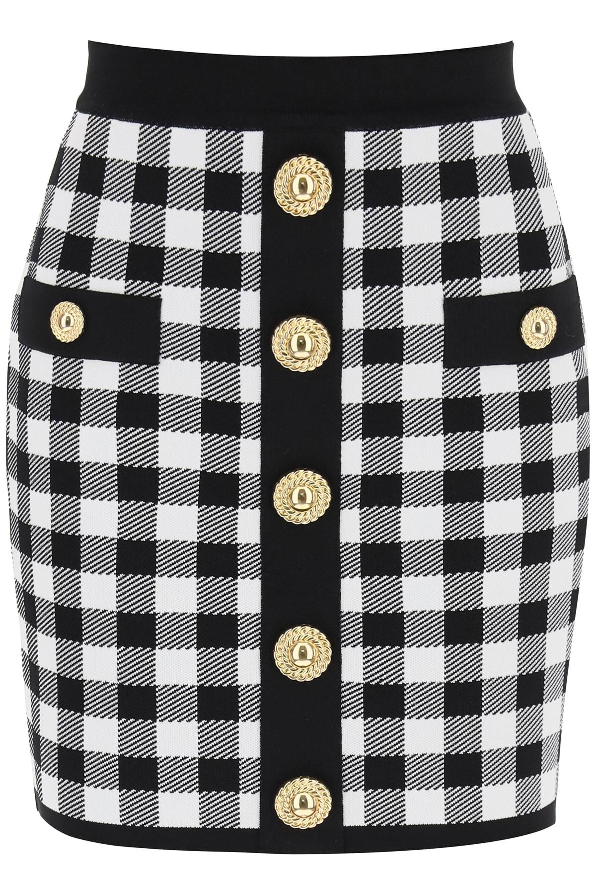 gingham knit mini skirt with embossed buttons