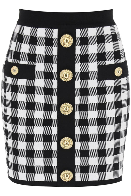 gingham knit mini skirt with embossed buttons