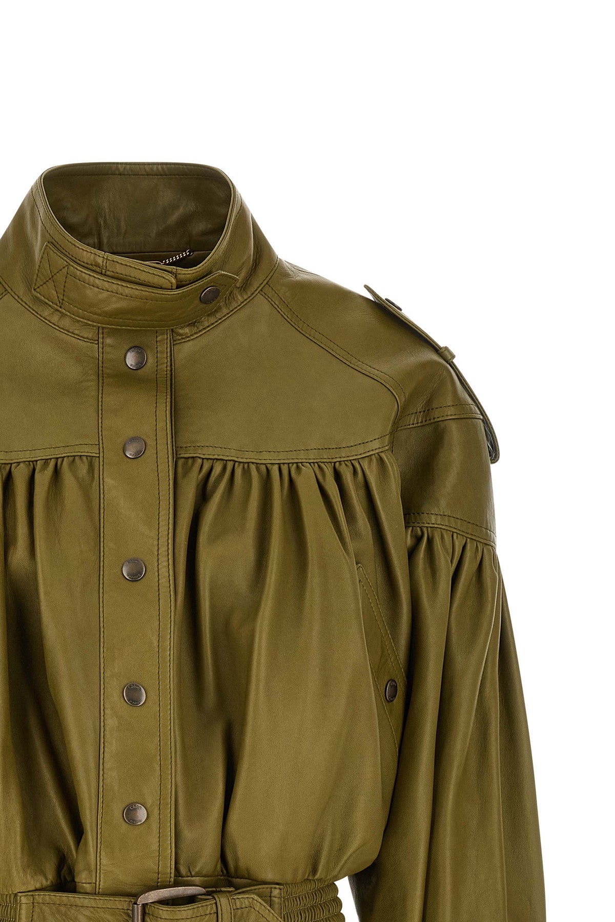the chloé leather jacket features a cropped silhouette defined by an elaborate c