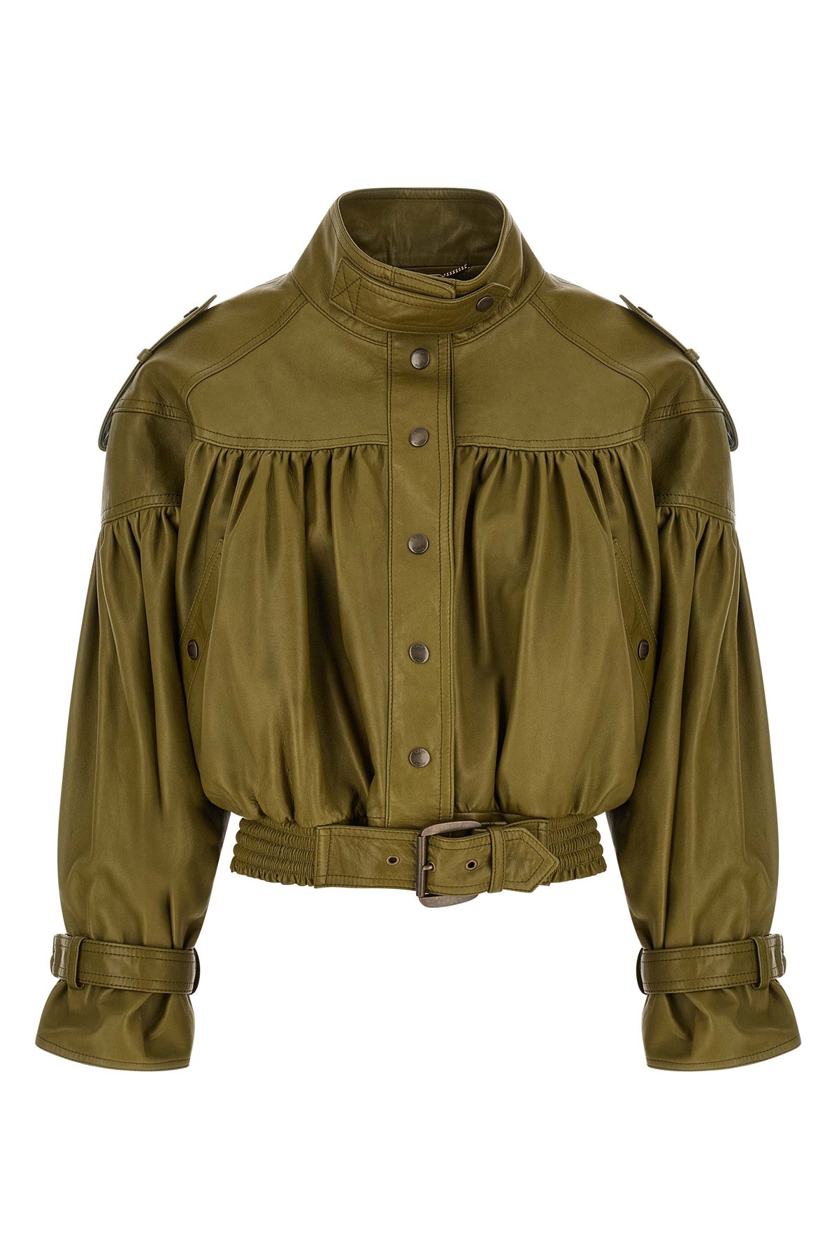 the chloé leather jacket features a cropped silhouette defined by an elaborate c