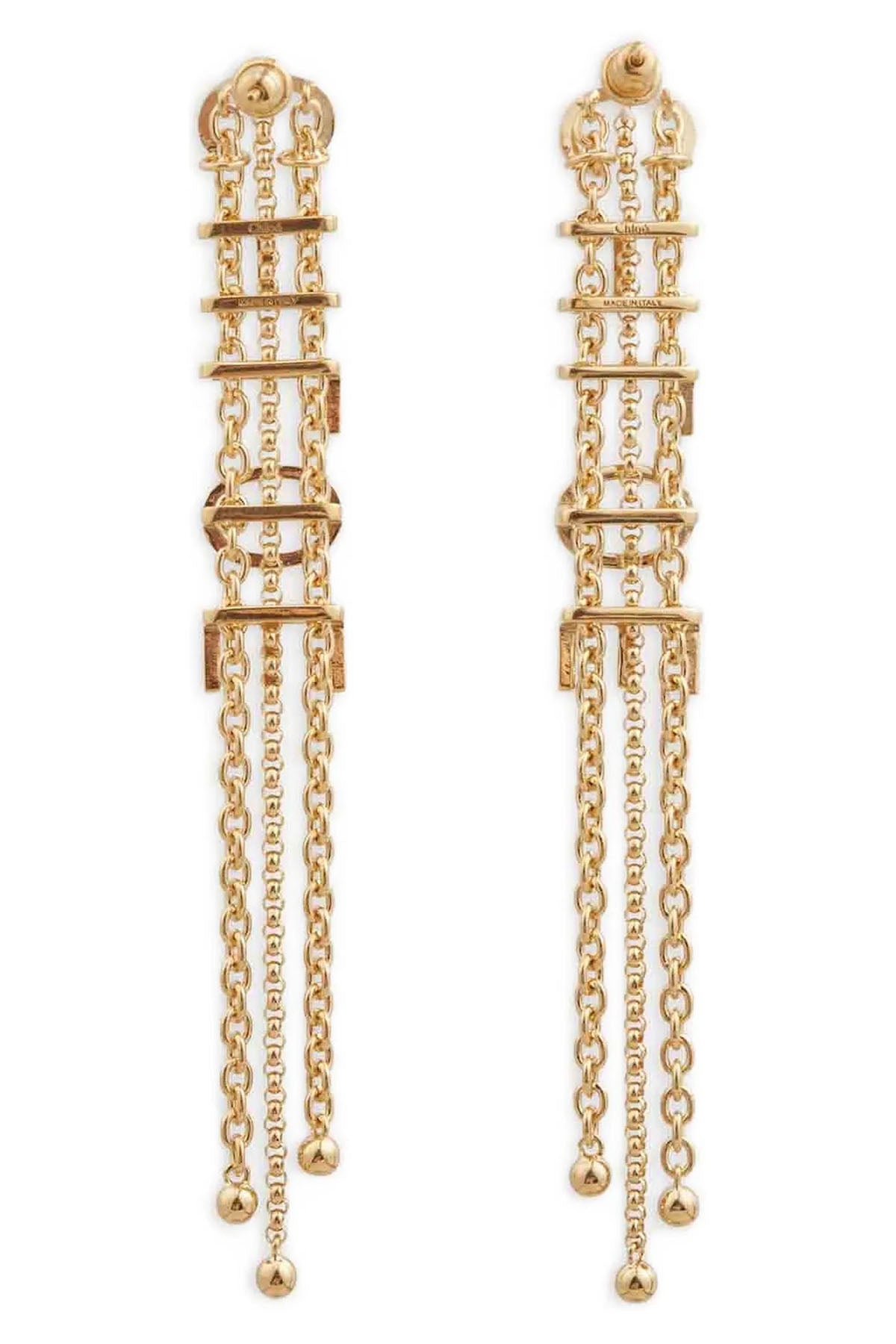 the chloé mini belt pendant earrings feature a linear metal frame