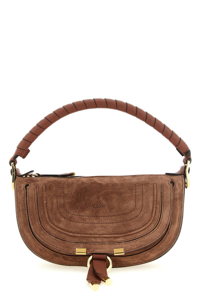the chloé marcie mini shoulder bag in brown is made of fine suede