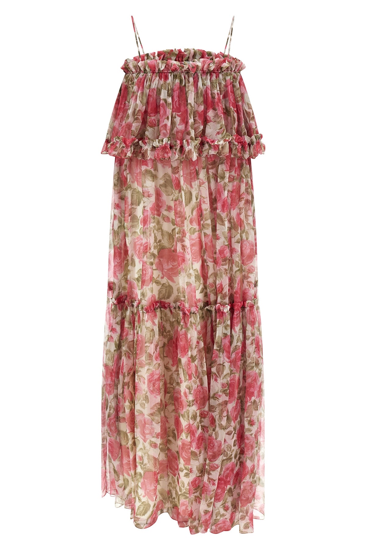 long dress in all-over rose-print silk muslin