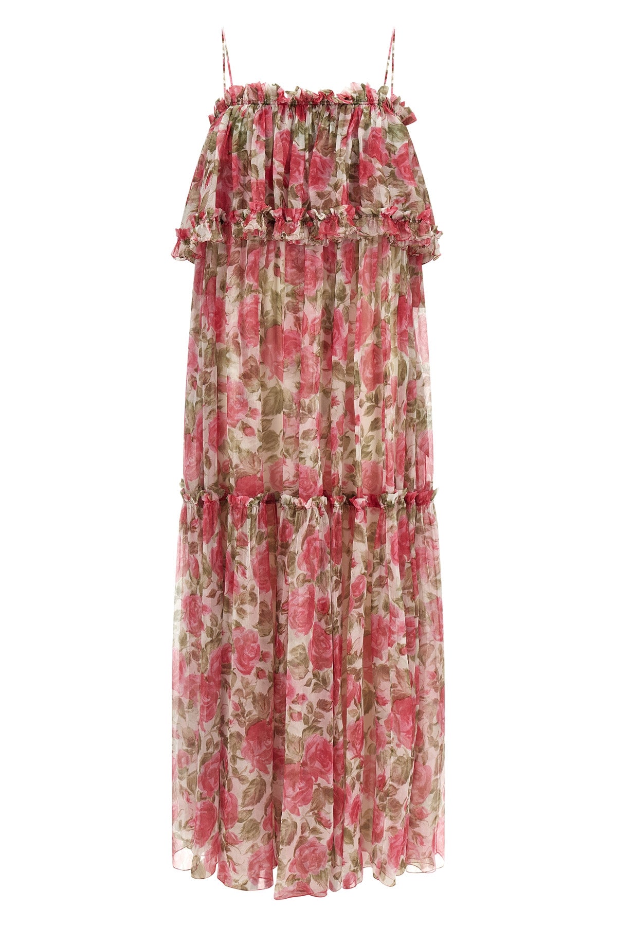 long dress in all-over rose-print silk muslin