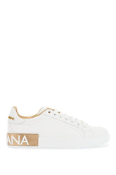 white calfskin low-top sneakers with gold details and velcro closure