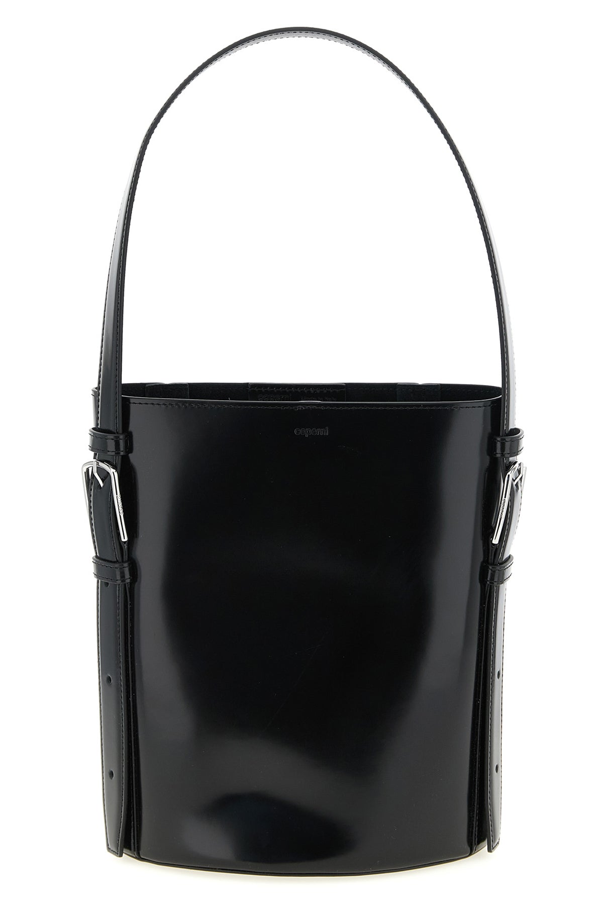 ergonomic bucket bag in smooth abrasive finish leather