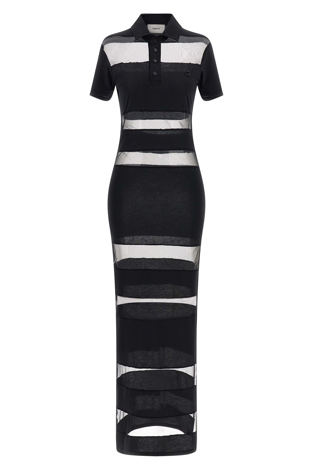 long striped sheer polo dress in stretch technical fabric