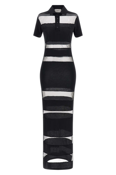 long striped sheer polo dress in stretch technical fabric