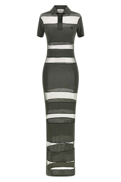 long striped sheer polo dress in stretch technical fabric