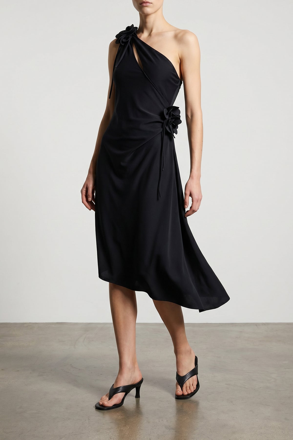 asymmetric mini flower midi dress in stretch technical jersey