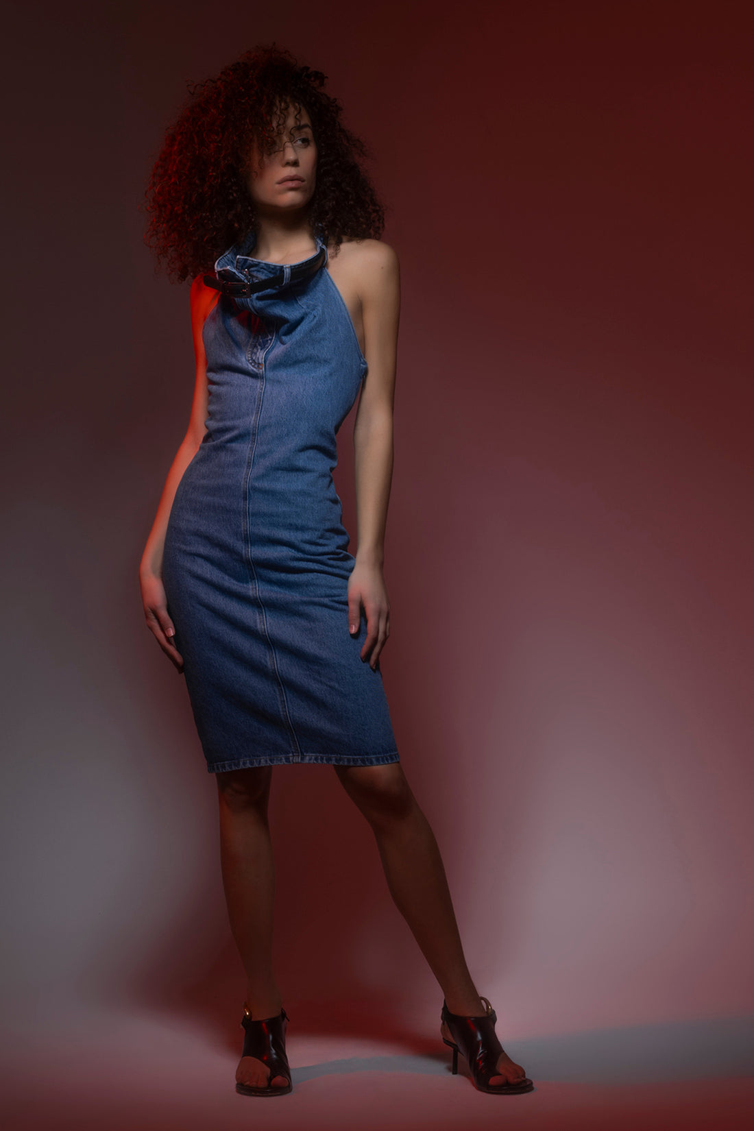 COPERNI 36 belt halter neck sleeveless dress in cotton denim