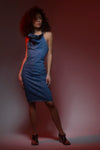 belt halter neck sleeveless dress in cotton denim