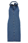 belt halter neck sleeveless dress in cotton denim