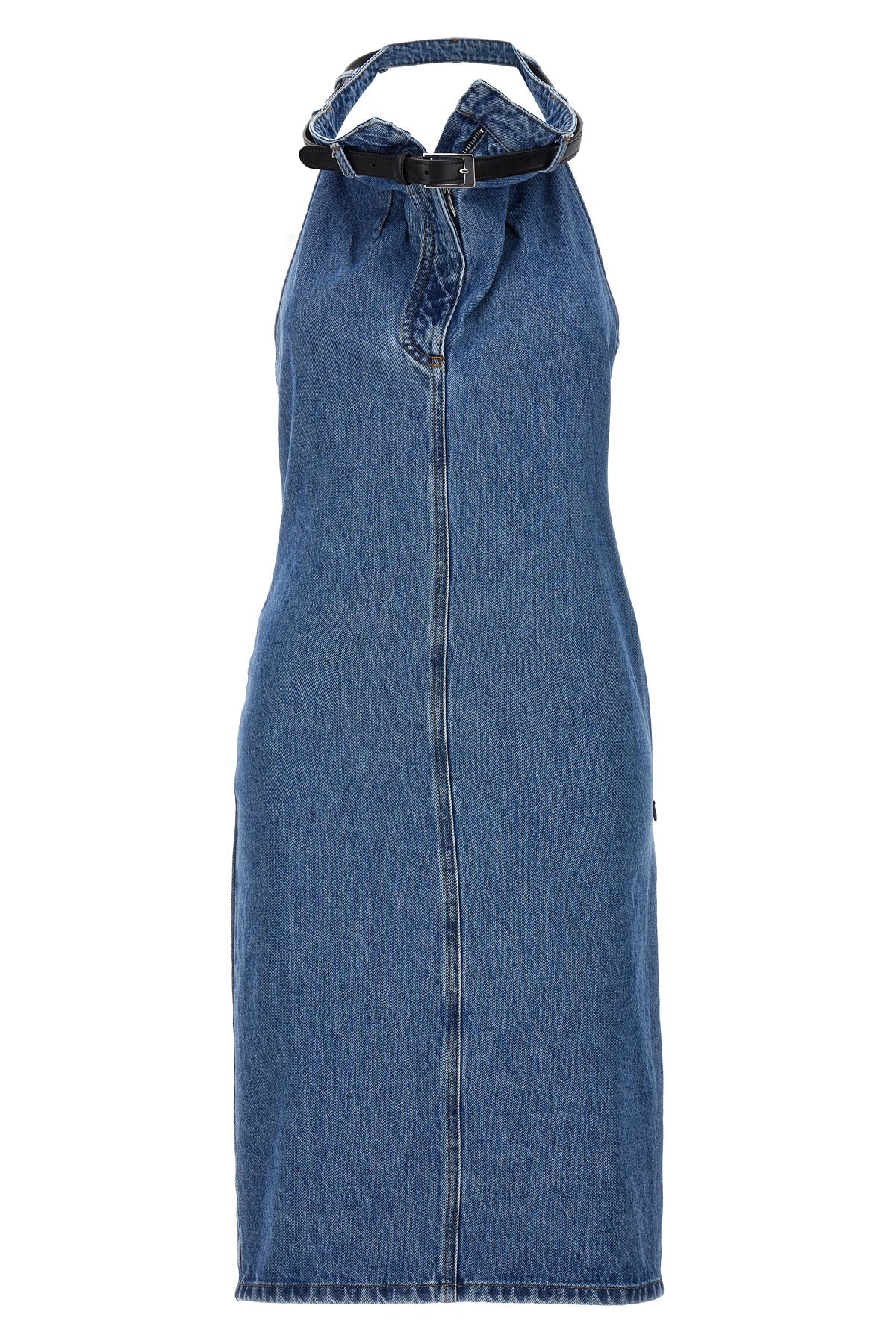 belt halter neck sleeveless dress in cotton denim