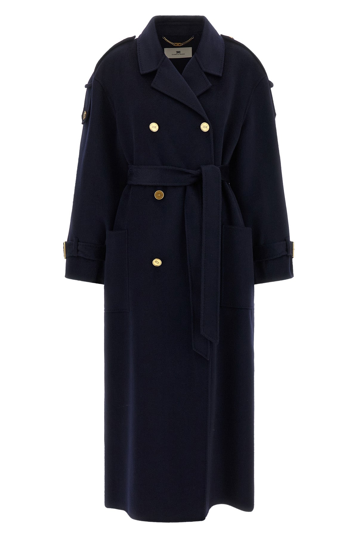 the elisabetta franchi pure wool coat defines an enveloping and structured silho