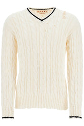 white cotton sweater with cable knit v-neck