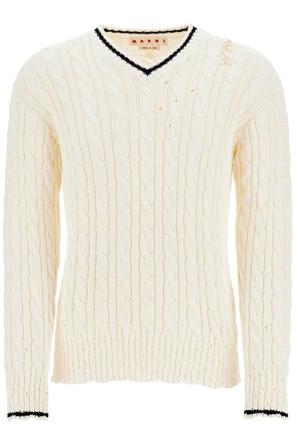 white cotton sweater with cable knit v-neck