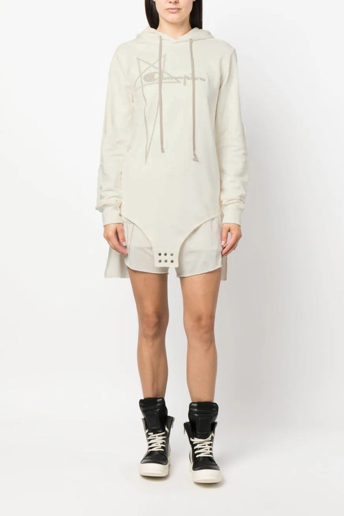 champion x rick owens hooded bodysuit   in cotton sweatshirt fabric