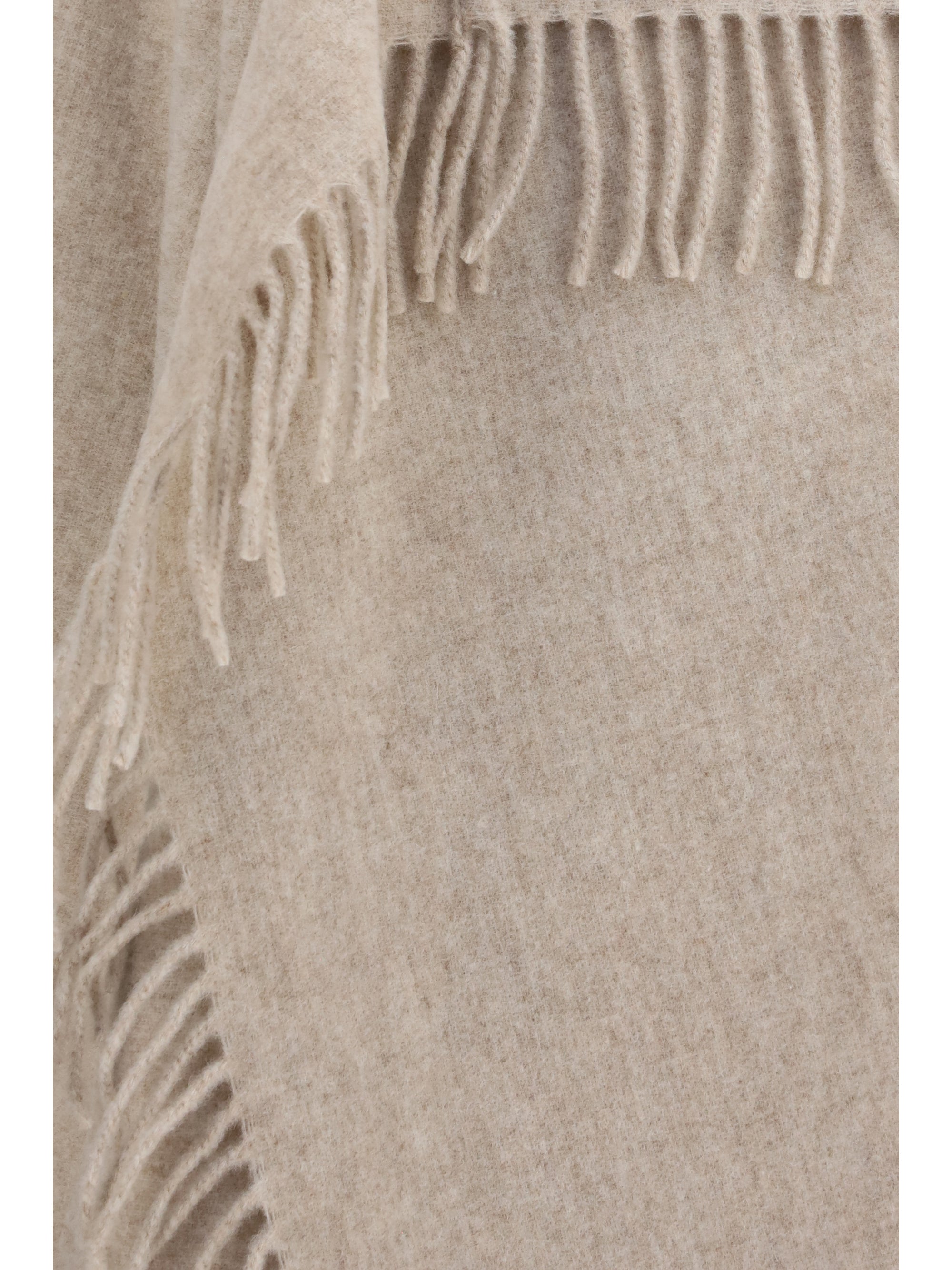 high-neck wool cape with concealed closure and fringes