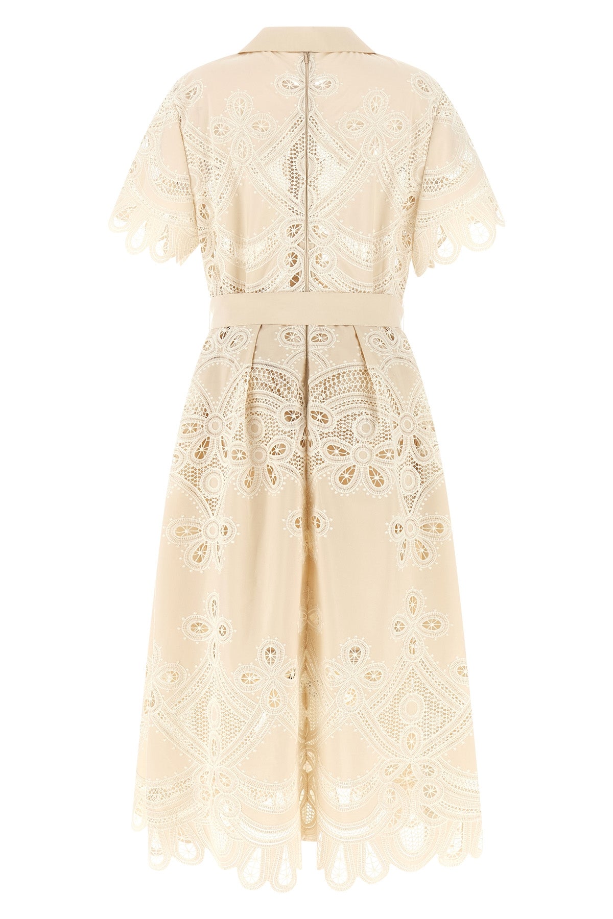 the elie saab midi dress defines a structured a-silhouette through a complex all