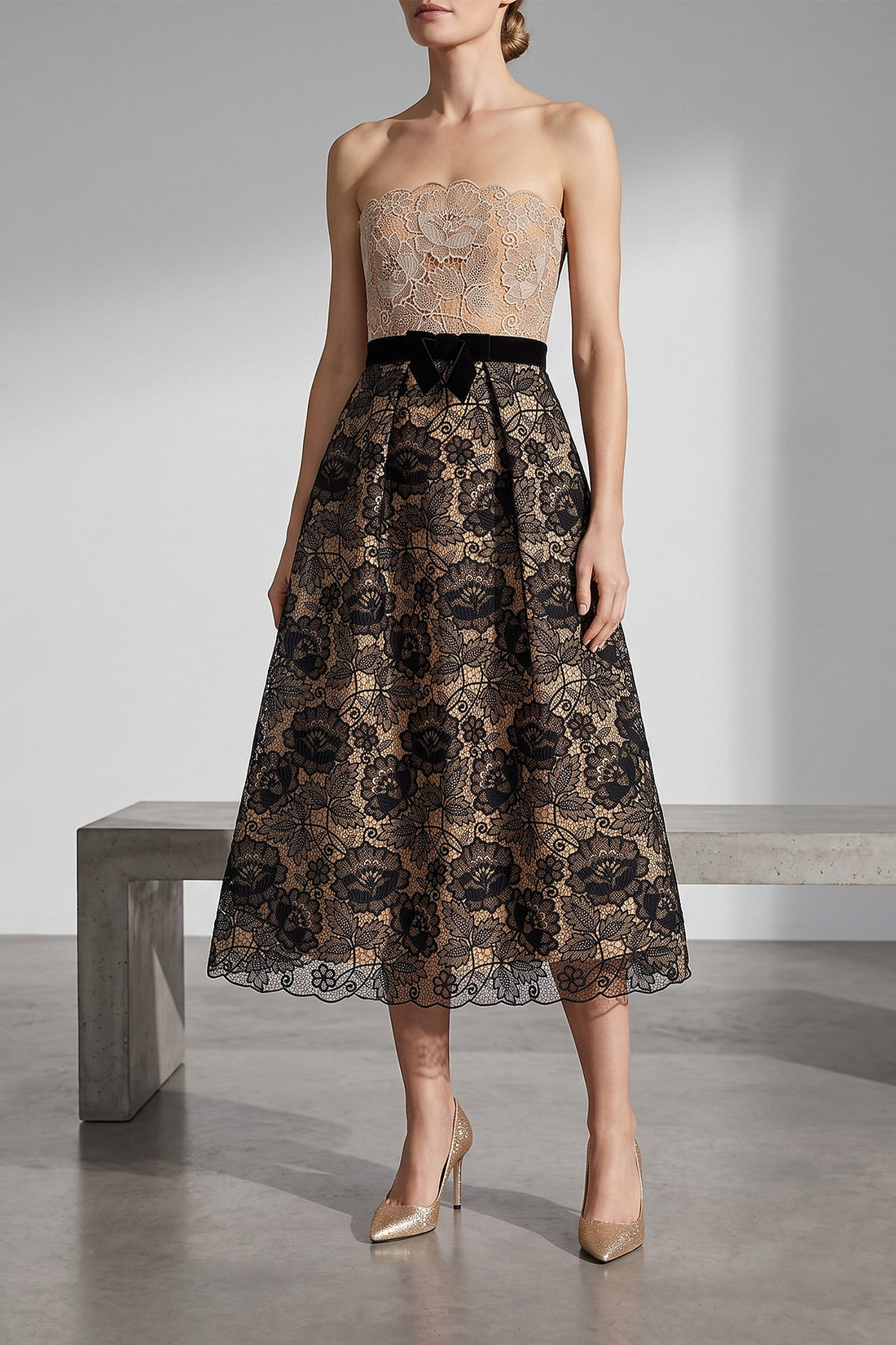 ELIE SAAB 36 the elie saab guipure lace midi dress features a strapless fit-and-flare silhoue