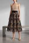 the elie saab guipure lace midi dress features a strapless fit-and-flare silhoue