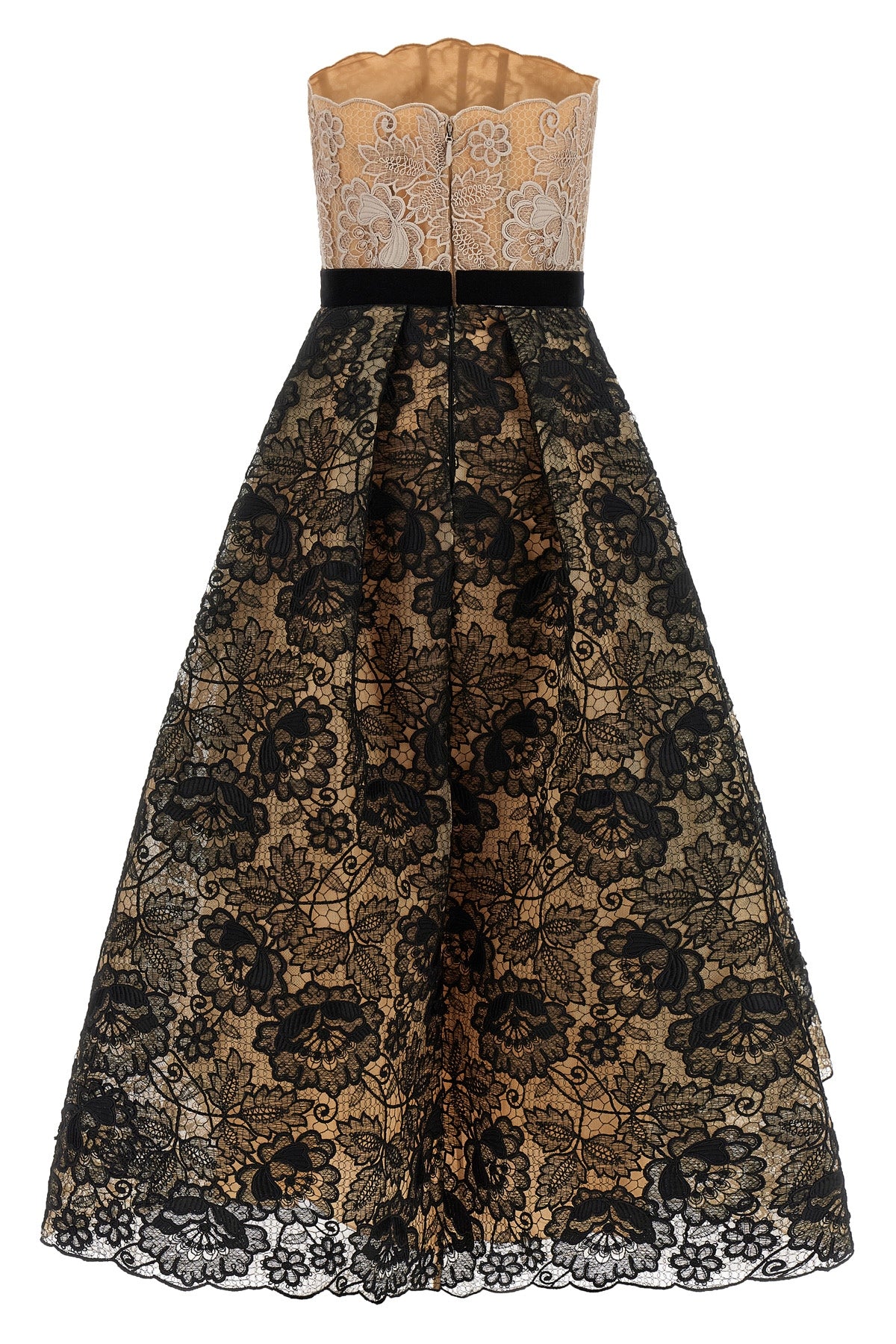 the elie saab guipure lace midi dress features a strapless fit-and-flare silhoue