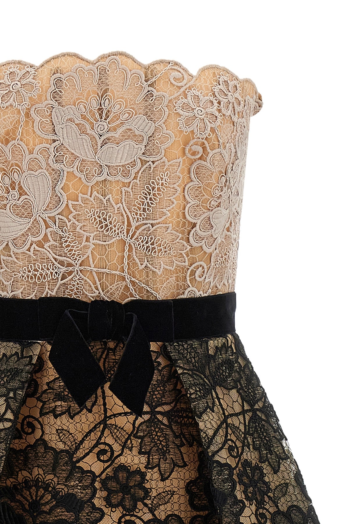 the elie saab guipure lace midi dress features a strapless fit-and-flare silhoue
