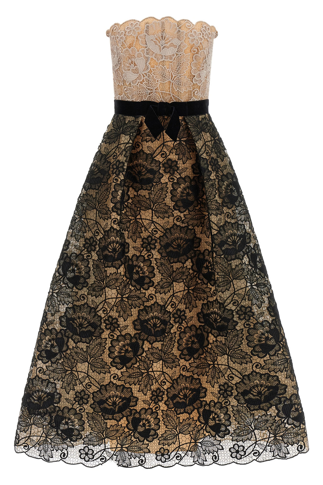 ELIE SAAB 36 the elie saab guipure lace midi dress features a strapless fit-and-flare silhoue
