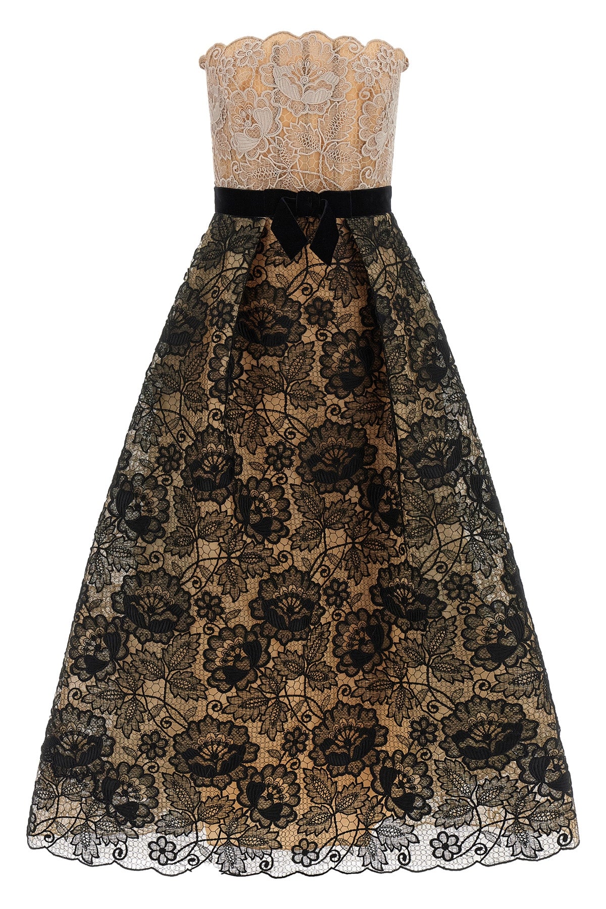 the elie saab guipure lace midi dress features a strapless fit-and-flare silhoue