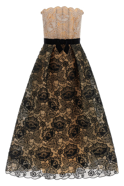 the elie saab guipure lace midi dress features a strapless fit-and-flare silhoue