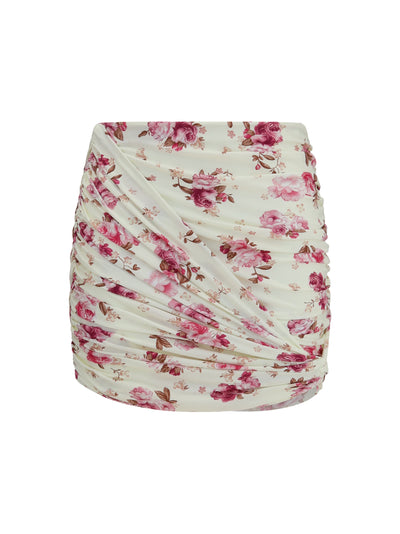 draped floral-print swim mini skirt