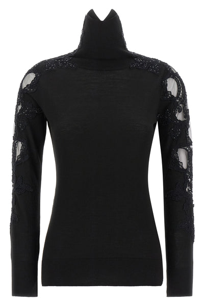 the ermanno scervino high neck sweater in pure black virgin wool stands out for