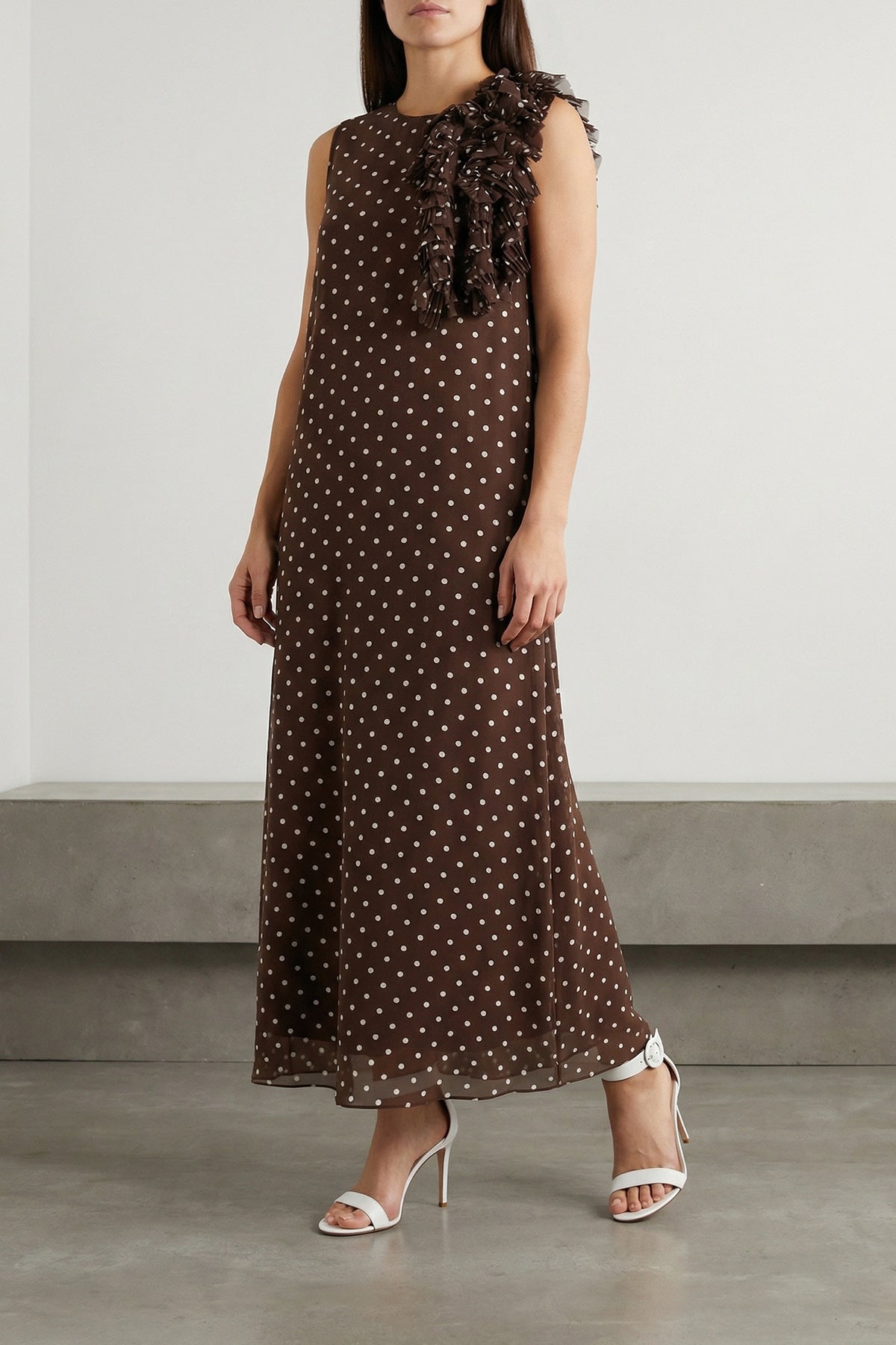 long pallina dress in semi-transparent pleated soleil fabric