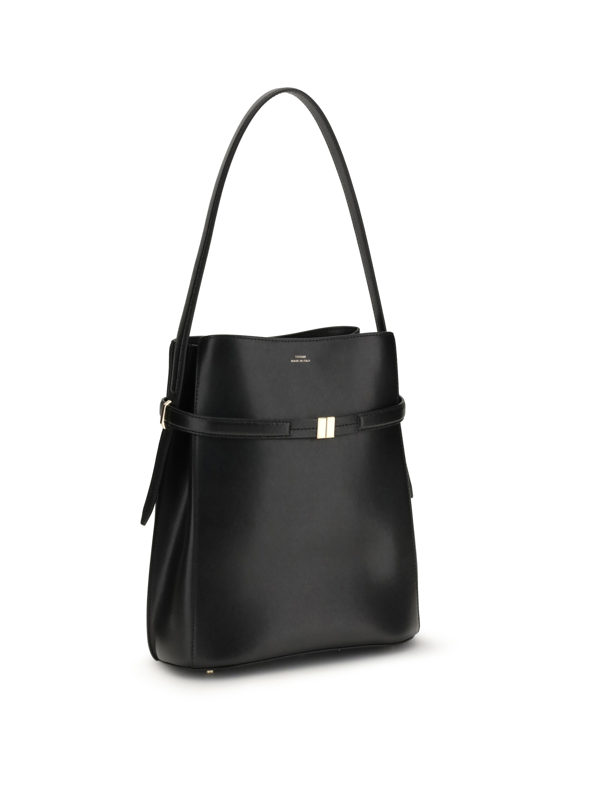 belted leather bucket bag