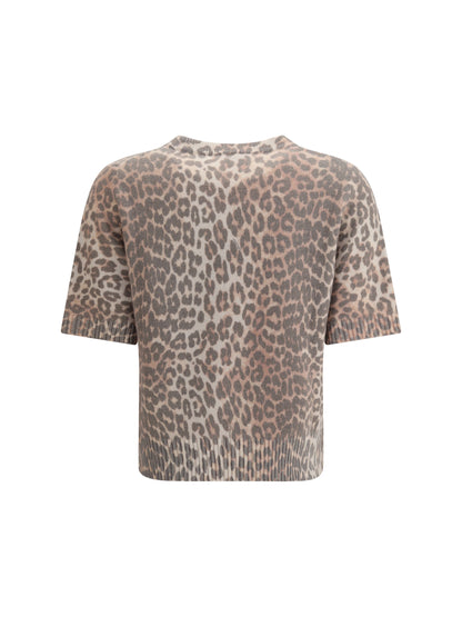 GANNI L leopard print short sleeve sweater