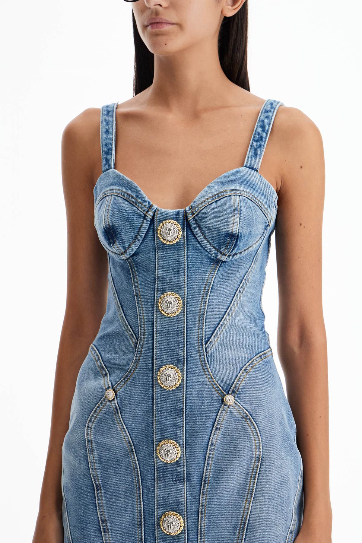 mini denim dress with decorative buttons