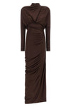 the balmain fluid jersey long dress defines the silhouette through a screwed tai