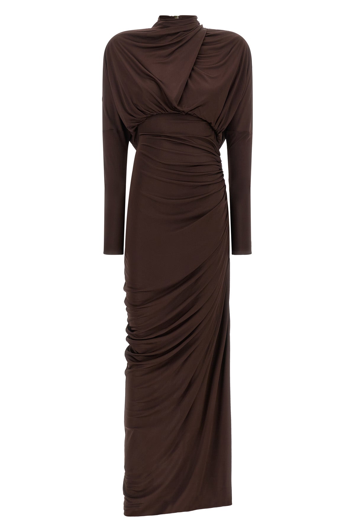 the balmain fluid jersey long dress defines the silhouette through a screwed tai