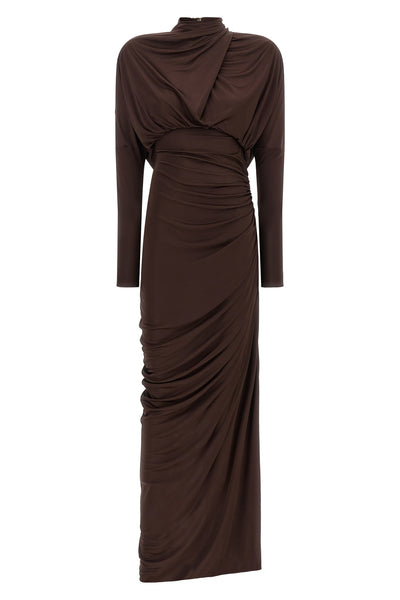 the balmain fluid jersey long dress defines the silhouette through a screwed tai