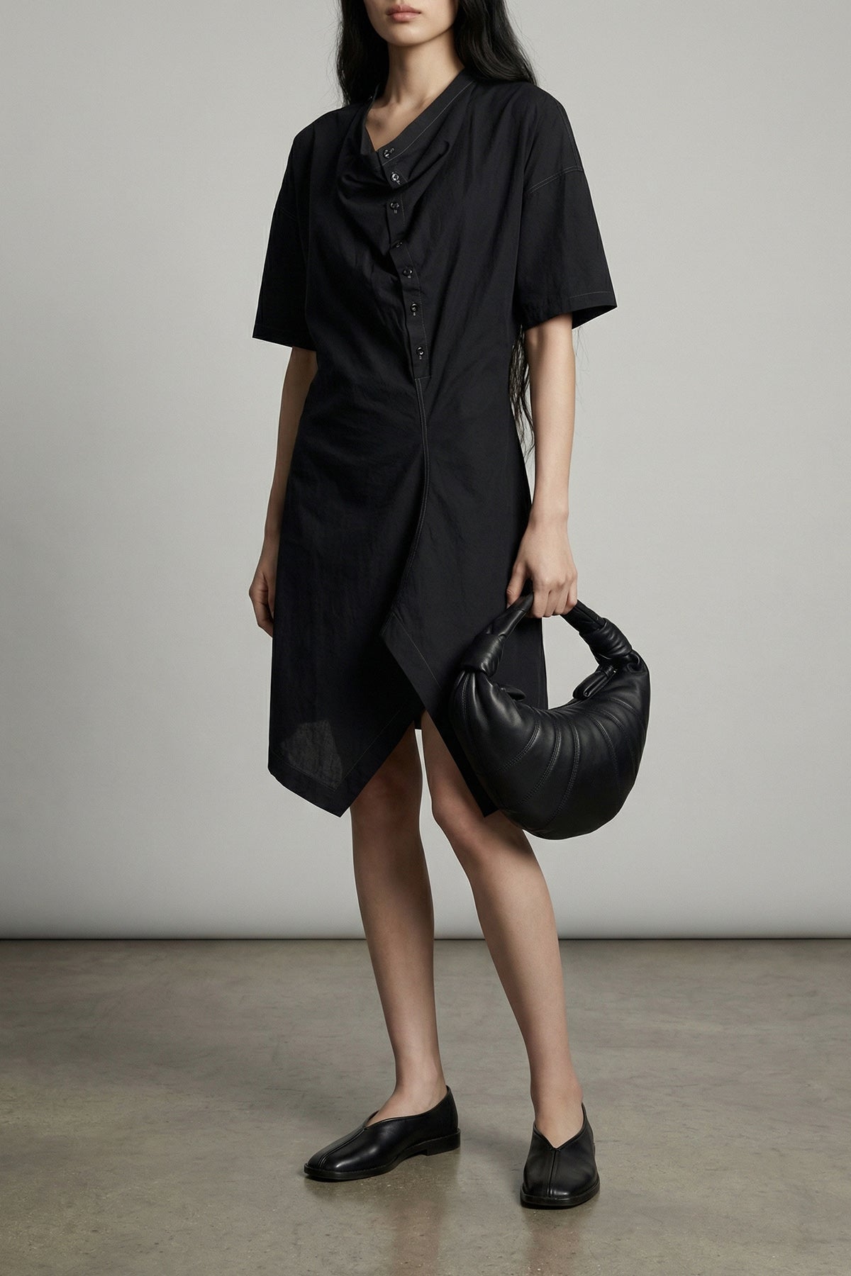 soft collar asymmetrical midi dress in cotton crêpe
