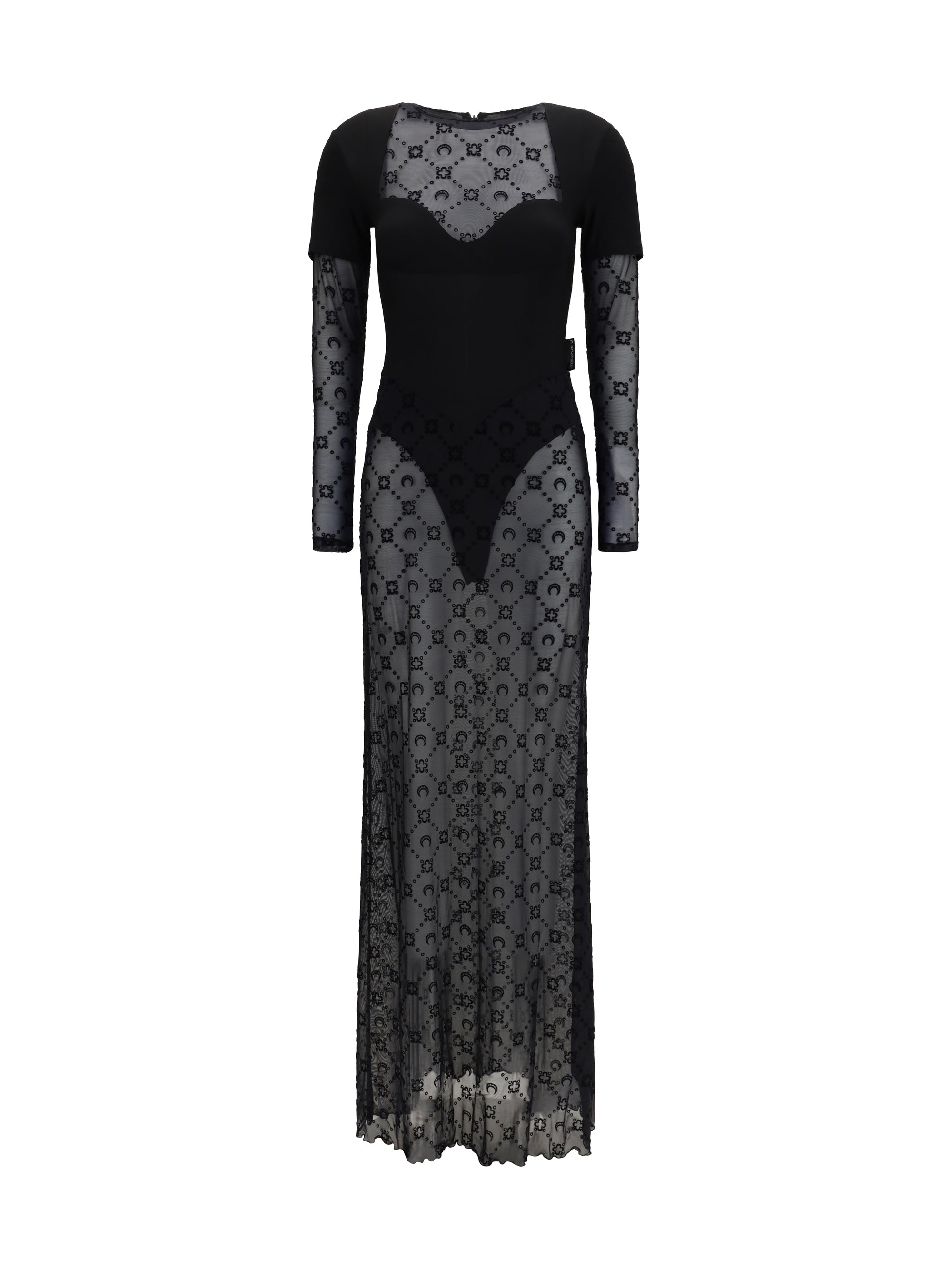 layered long dress in jersey and mesh