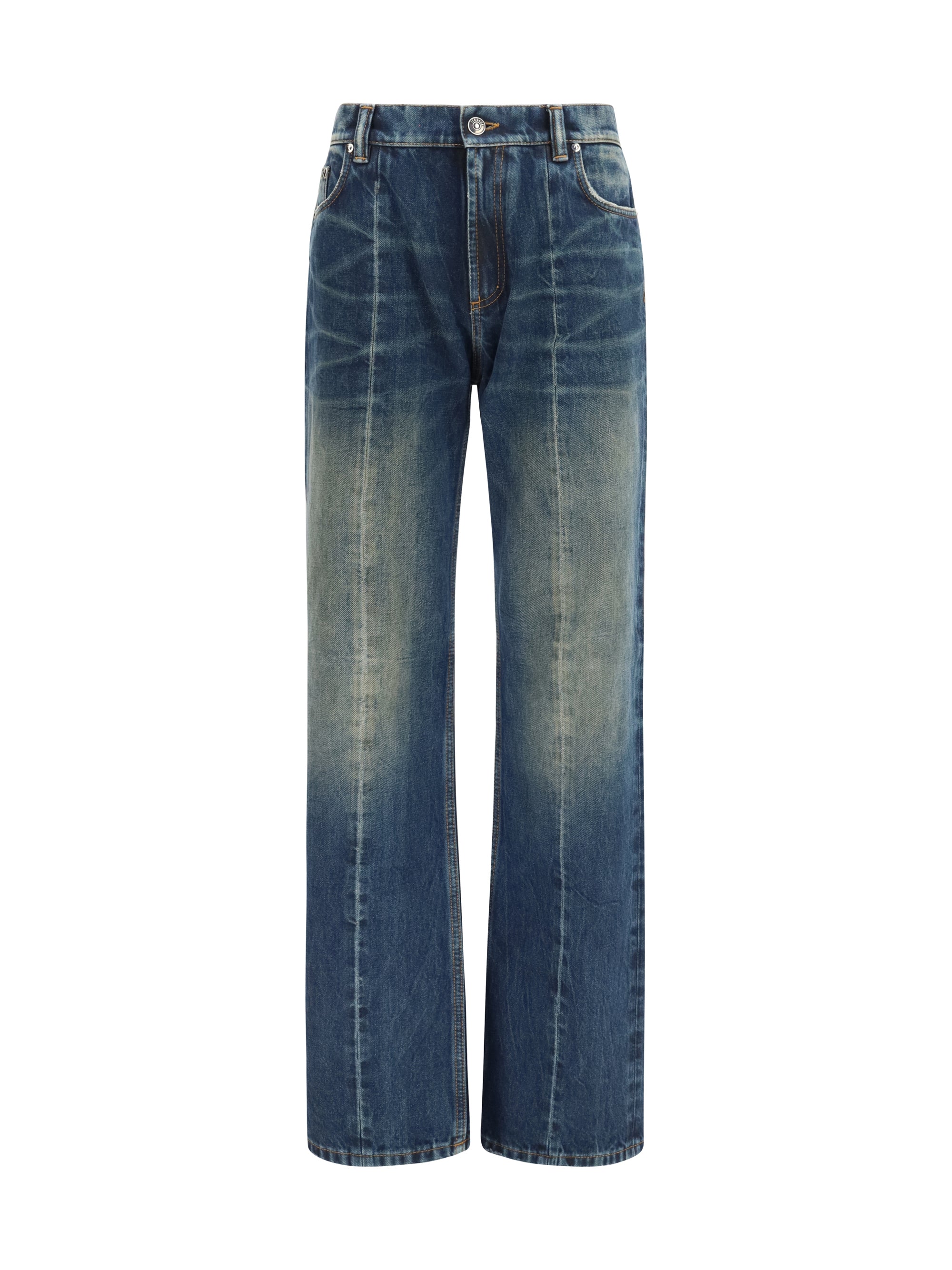 distressed straight-leg cotton denim jeans