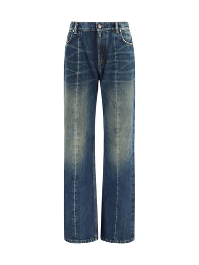 distressed straight-leg cotton denim jeans