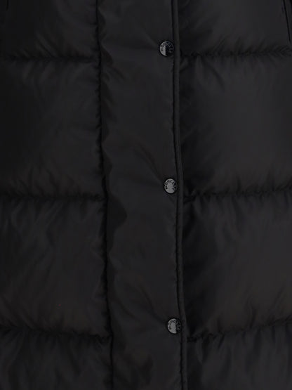 MONCLER 0 the long down jacket with hood and wool trims